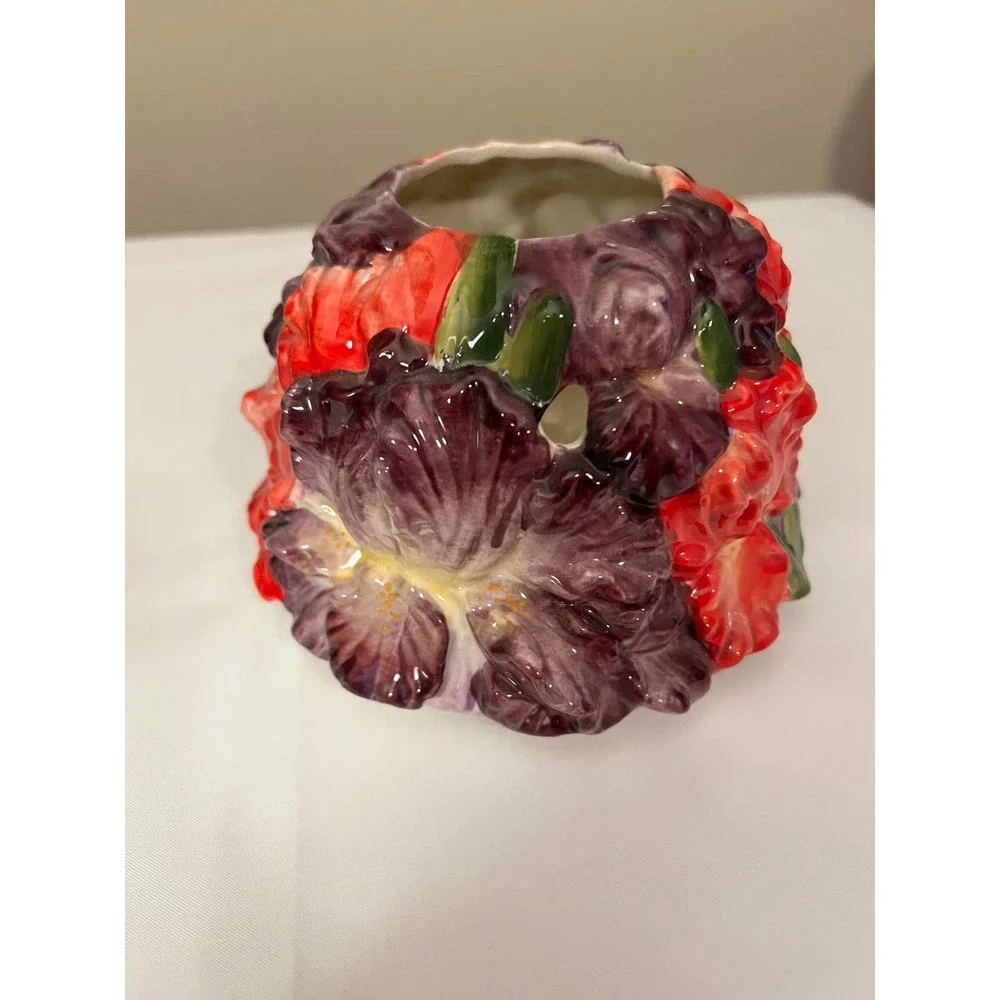 Home Interior Candle Shade Floral Iris Purple Red‎ & Green Jar Topper23